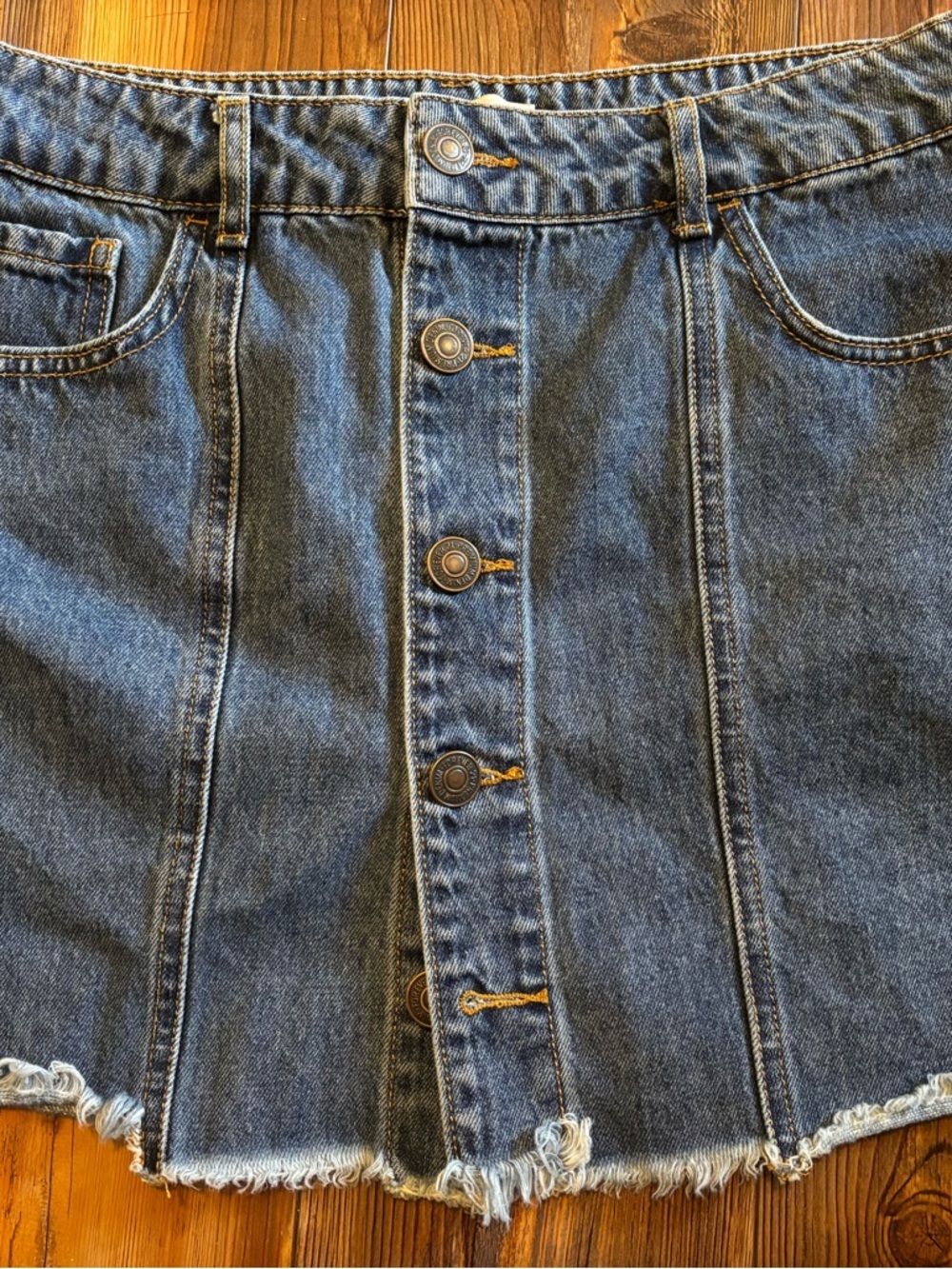 Forever 21 Blue Button-Front Denim Skirt with Frayed Hem